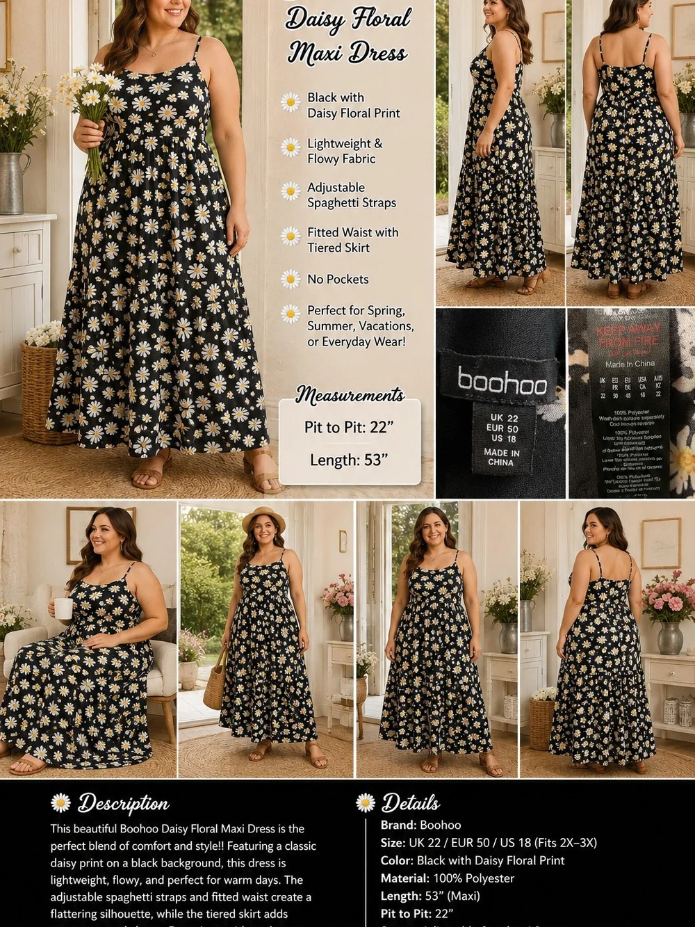 R97 Boohoo Black Daisy Floral Maxi Dress – Size US 18 (Fits 2X–3X) 🌼